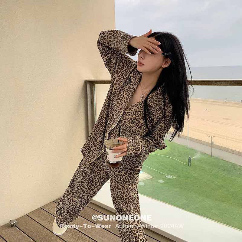 Women’s Pajama Set, Leopard Print, with Collar, warm