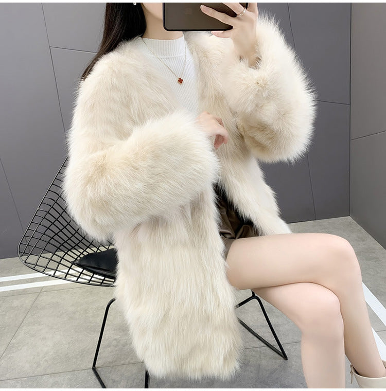 Women's Faux Fur Coat, Mid-Length, V-Neck