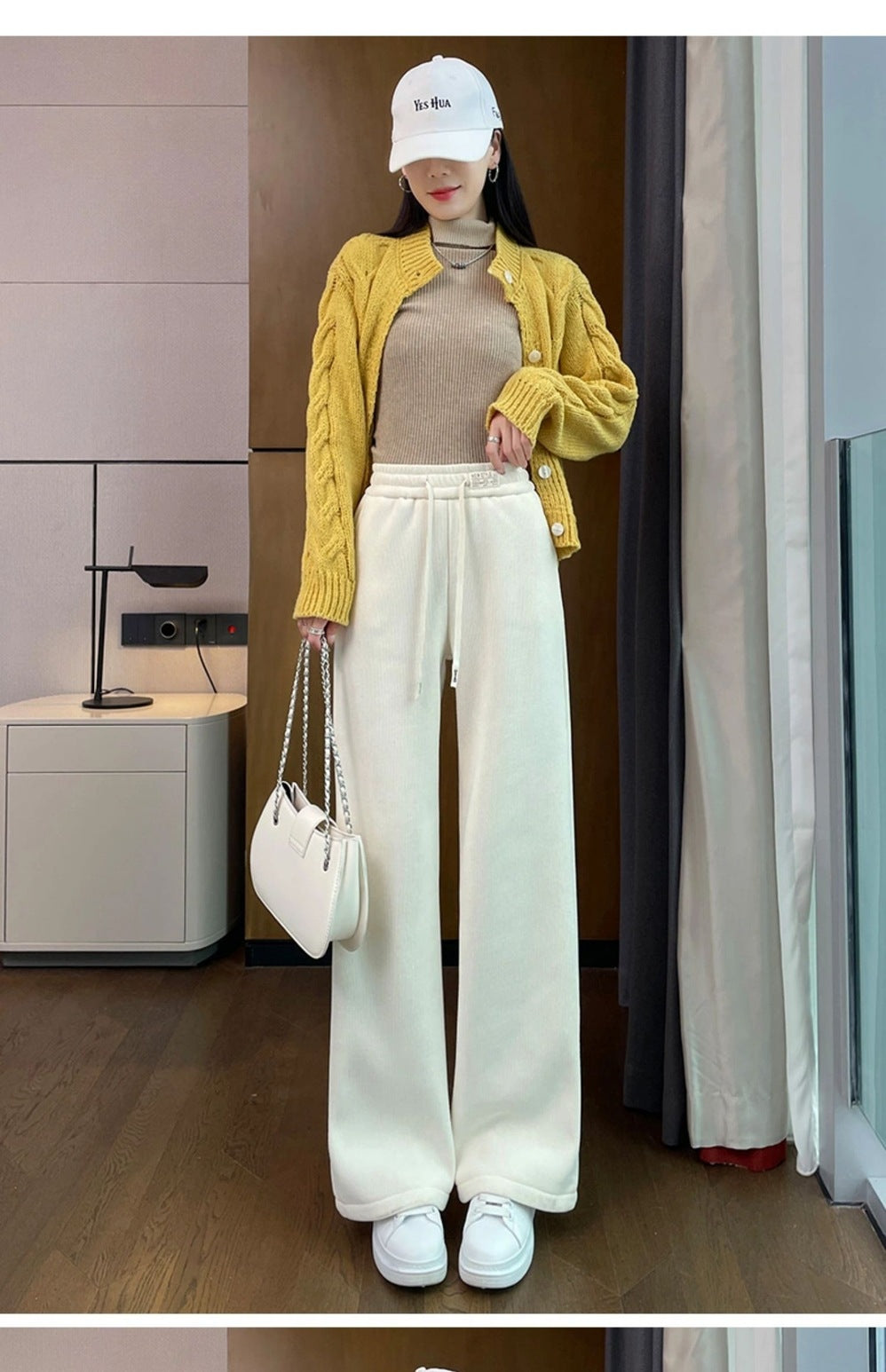 Chenille corduroy trousers with wide leg, lined