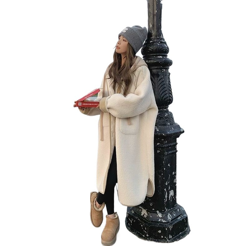 Women's lamb fleece coat with hood, medium length, warm