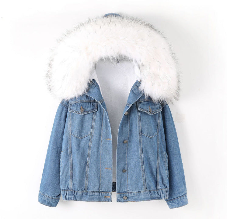 Padded denim jacket with large fur collar