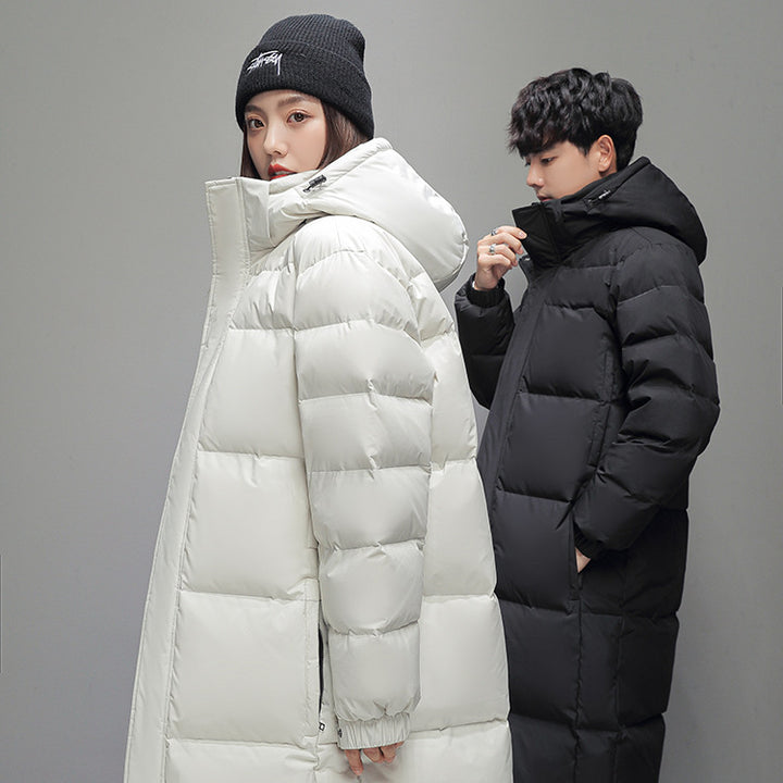 Long, padded men's down jacket with hood