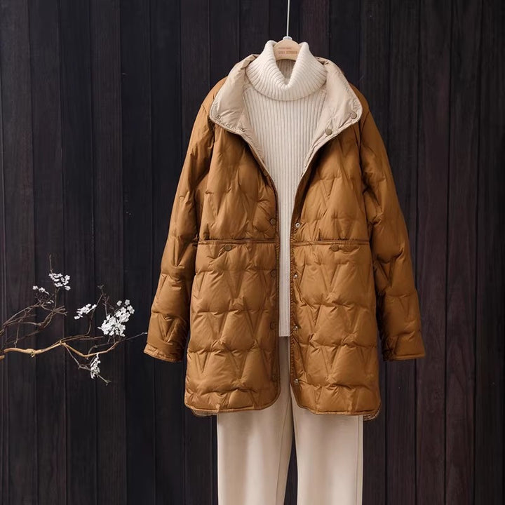Women's down jacket, reversible, lightweight, mid-length