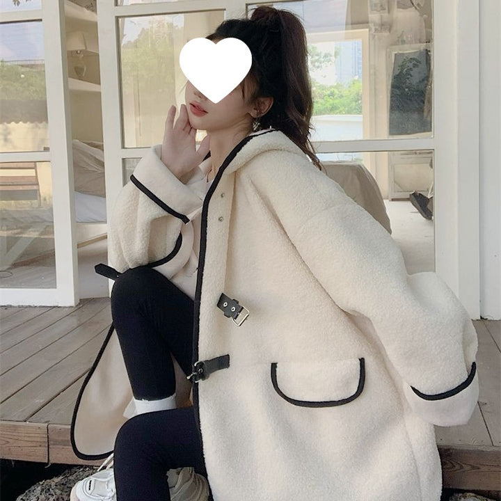 Lammfleece imitation coat with hood, mid-length
