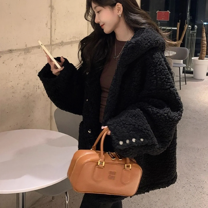 Sheepskin coat with hood, lined