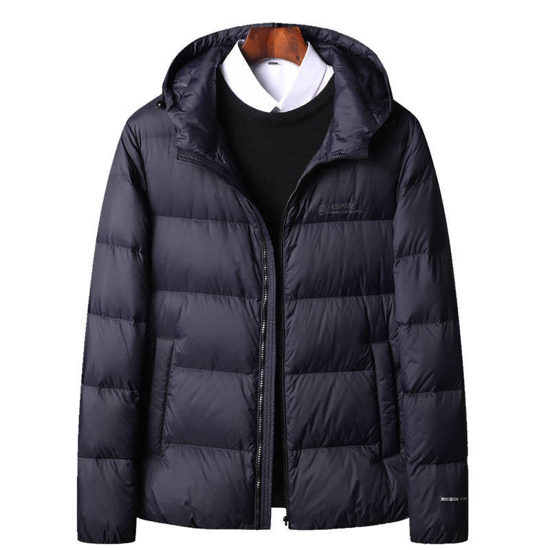 Warm men's down jacket with hood
