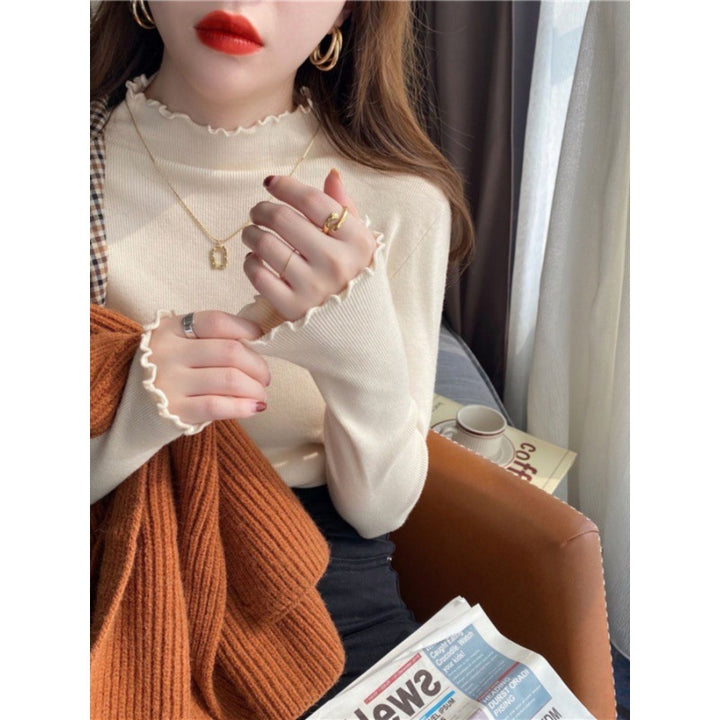 Women's Knitted Shirt, Stand-up Collar, Ruffle Edge, Fitted
