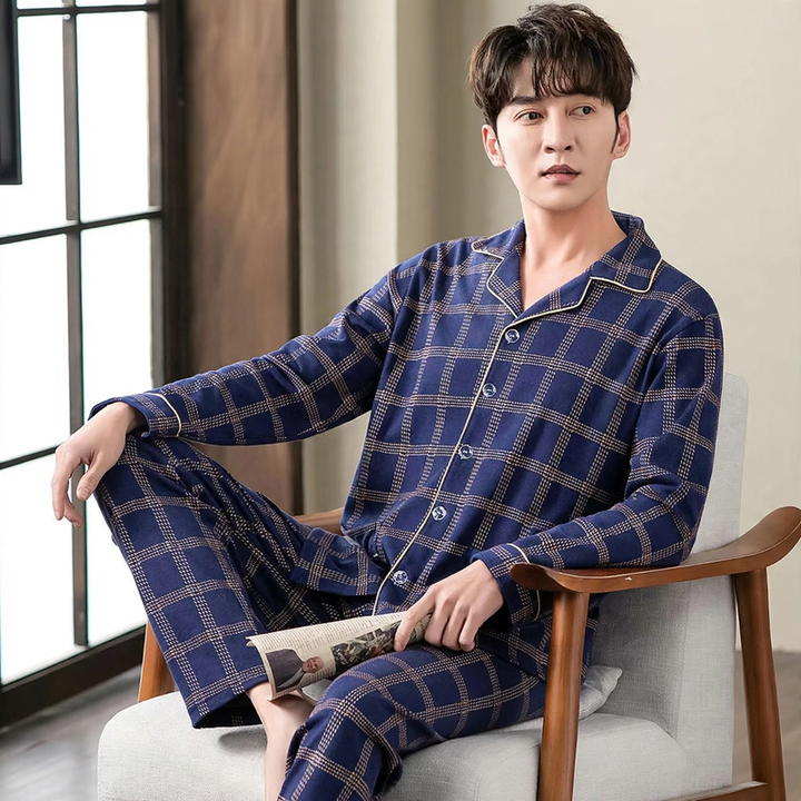 Men's Pajama Set, 100% Cotton, long-sleeved, buttoned