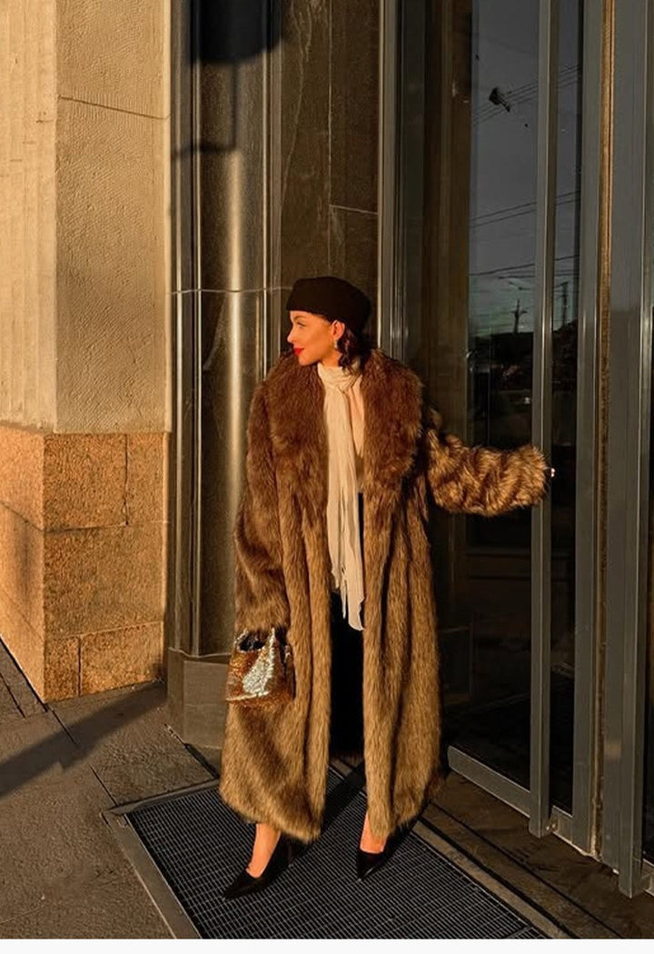Long Vintage Coat in Faux Fur Look