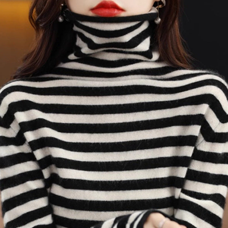 Ladies' knitted sweater, striped, stand-up collar
