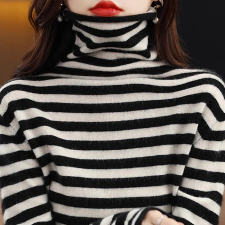 Ladies' knitted sweater, striped, stand-up collar