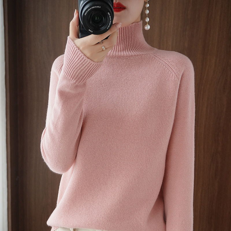 Women's knitted sweater, high collar, solid color, loose