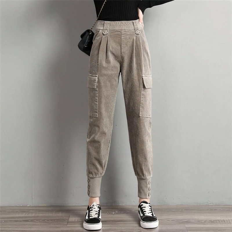 Women's corduroy pants, wide cut, carrot shape