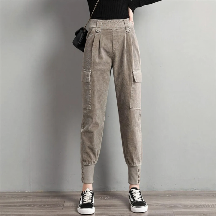Women's corduroy pants, wide cut, carrot shape