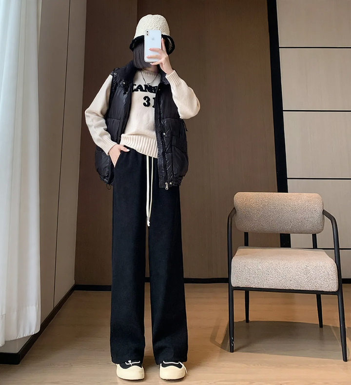 Loose corduroy pants with drawstring for women
