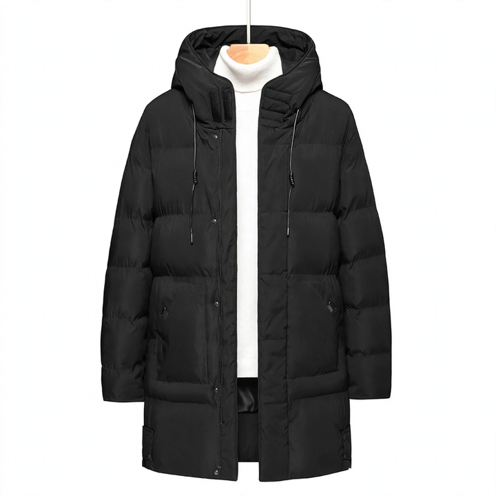 Long men's hooded jacket, insulated, windproof