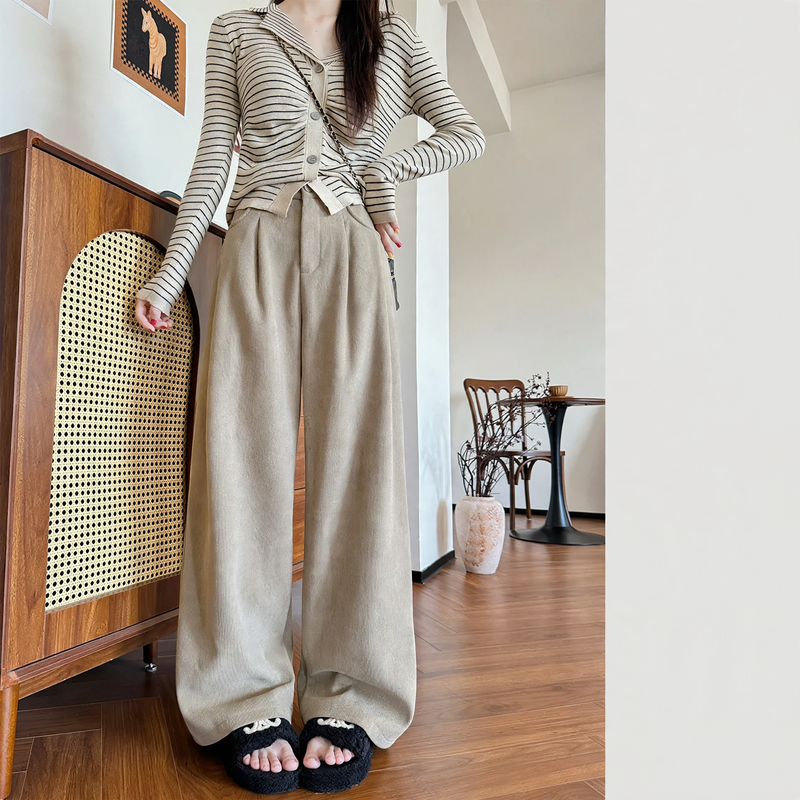 Cord wide pants for women, high-waisted