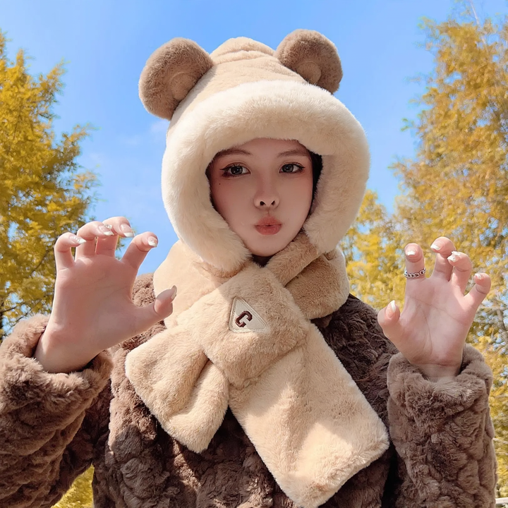 Plush set: Bear hooded hat and scarf