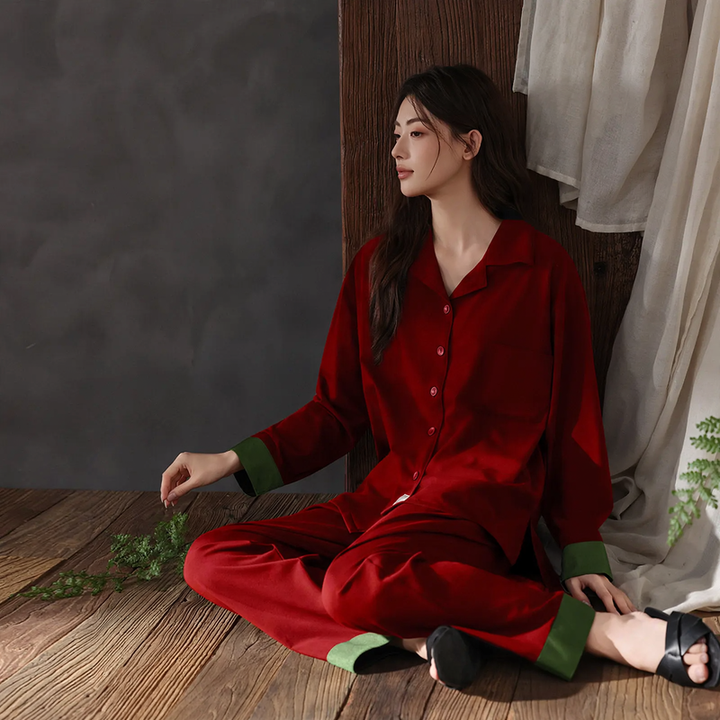 Cotton pajama set with button placket, long sleeves