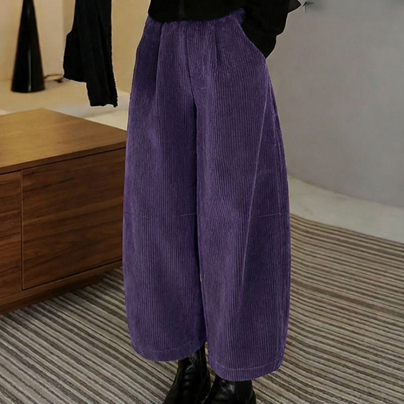 Women's corduroy pants, wide cut, elastic waistband