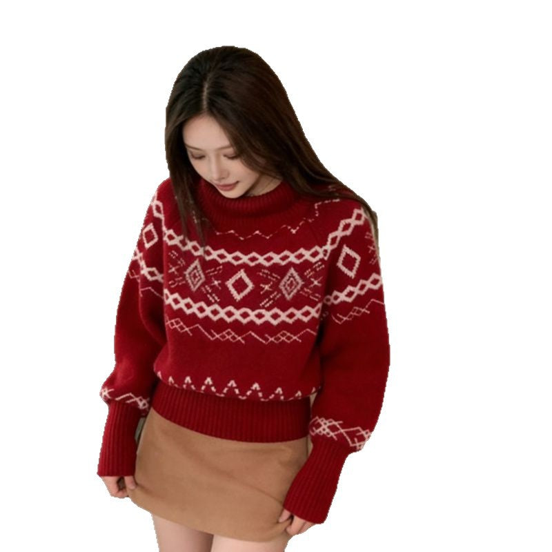 Roter Fair Isle knitted sweater with roll collar