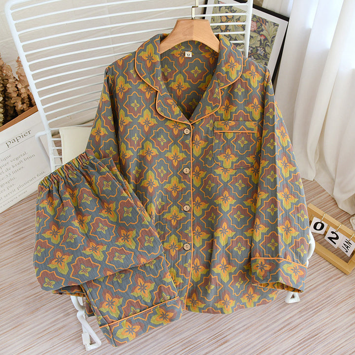 Women's loungewear suit, cotton, long-sleeved, with button placket