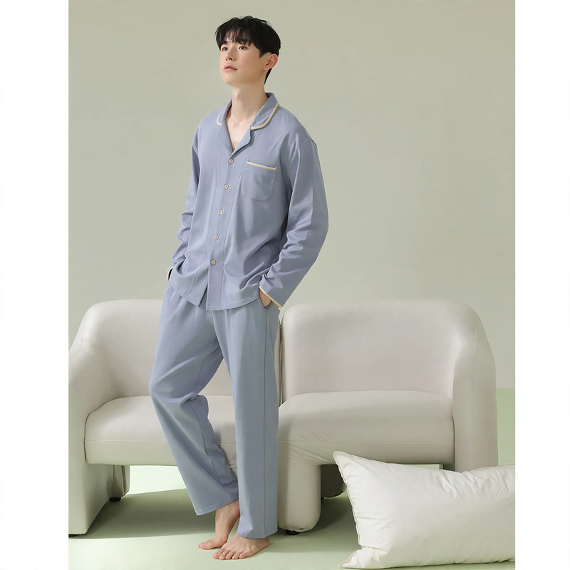 Men's pajama set made of cotton, long-sleeved, antibacterial