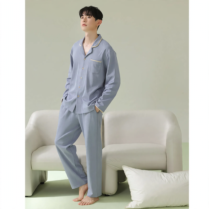 Men's pajama set made of cotton, long-sleeved, antibacterial
