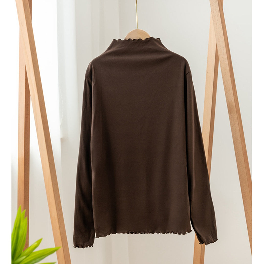 Ladies' Long Sleeve Shirt with Stand Collar and Ruffle Edge