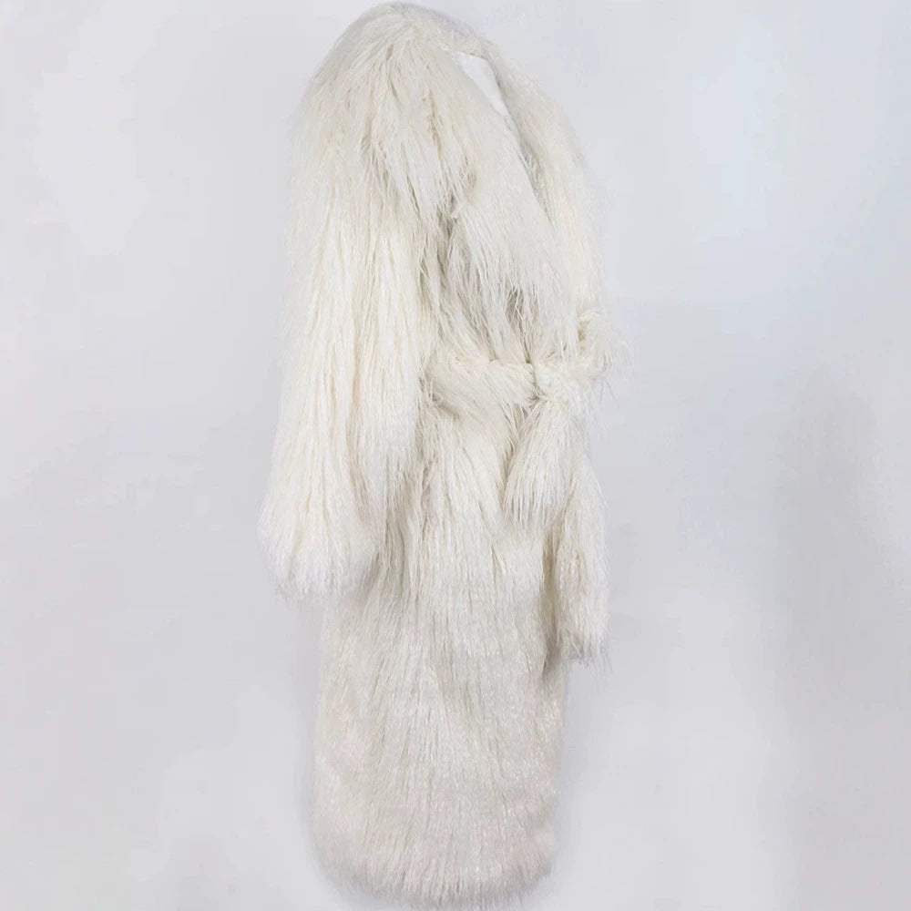 Long faux fur coat with tie belt and lapel collar
