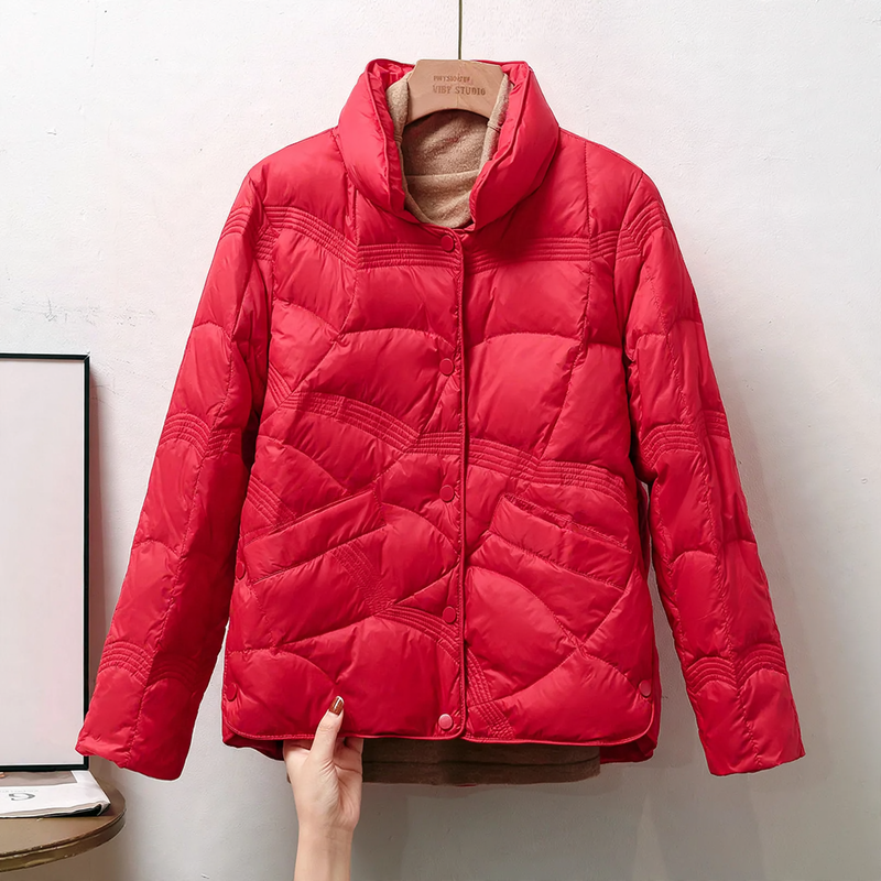 Short women's down jacket with stand-up collar