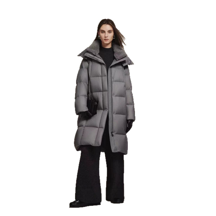Long women's down coat with lambskin collar