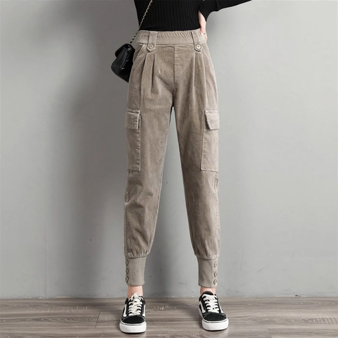 Women's corduroy pants, wide cut, carrot shape