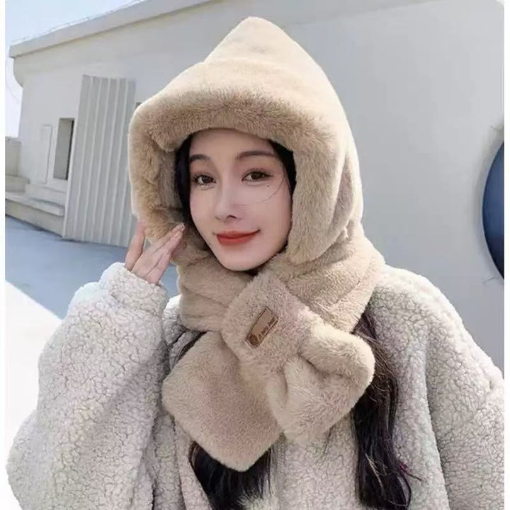 Women's plush hat with bear ears and scarf set