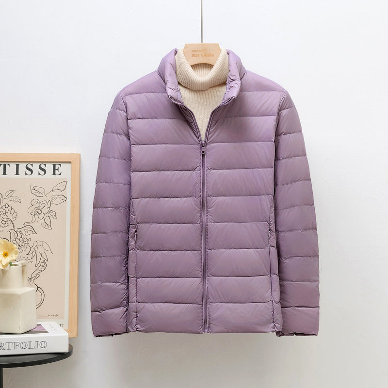 Women’s down jacket, lightweight, stand collar, short