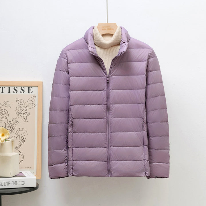 Women’s down jacket, lightweight, stand collar, short
