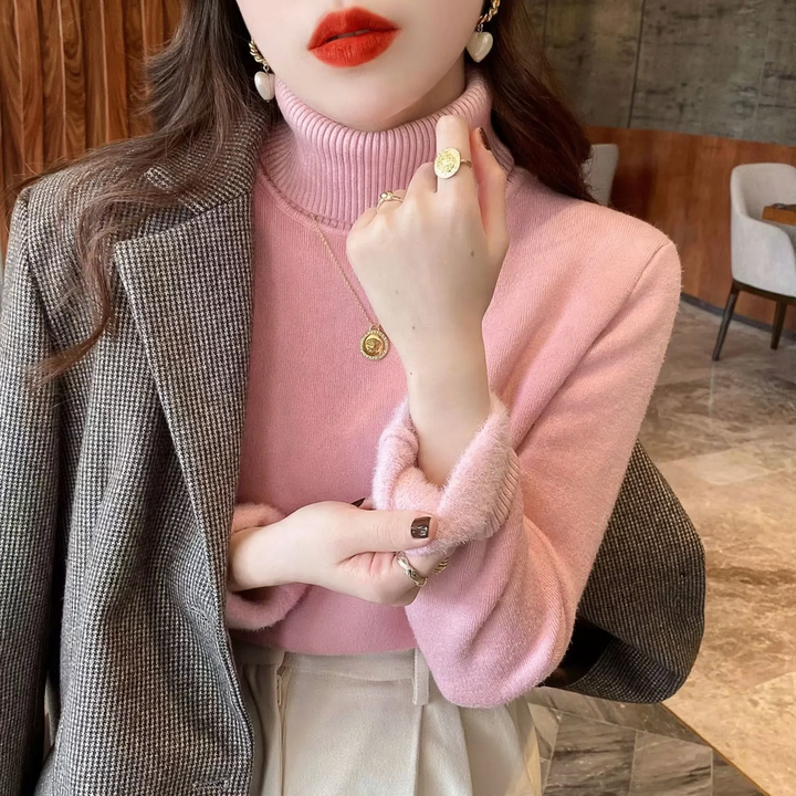 Padded women's turtleneck sweater, knitted, slim fit