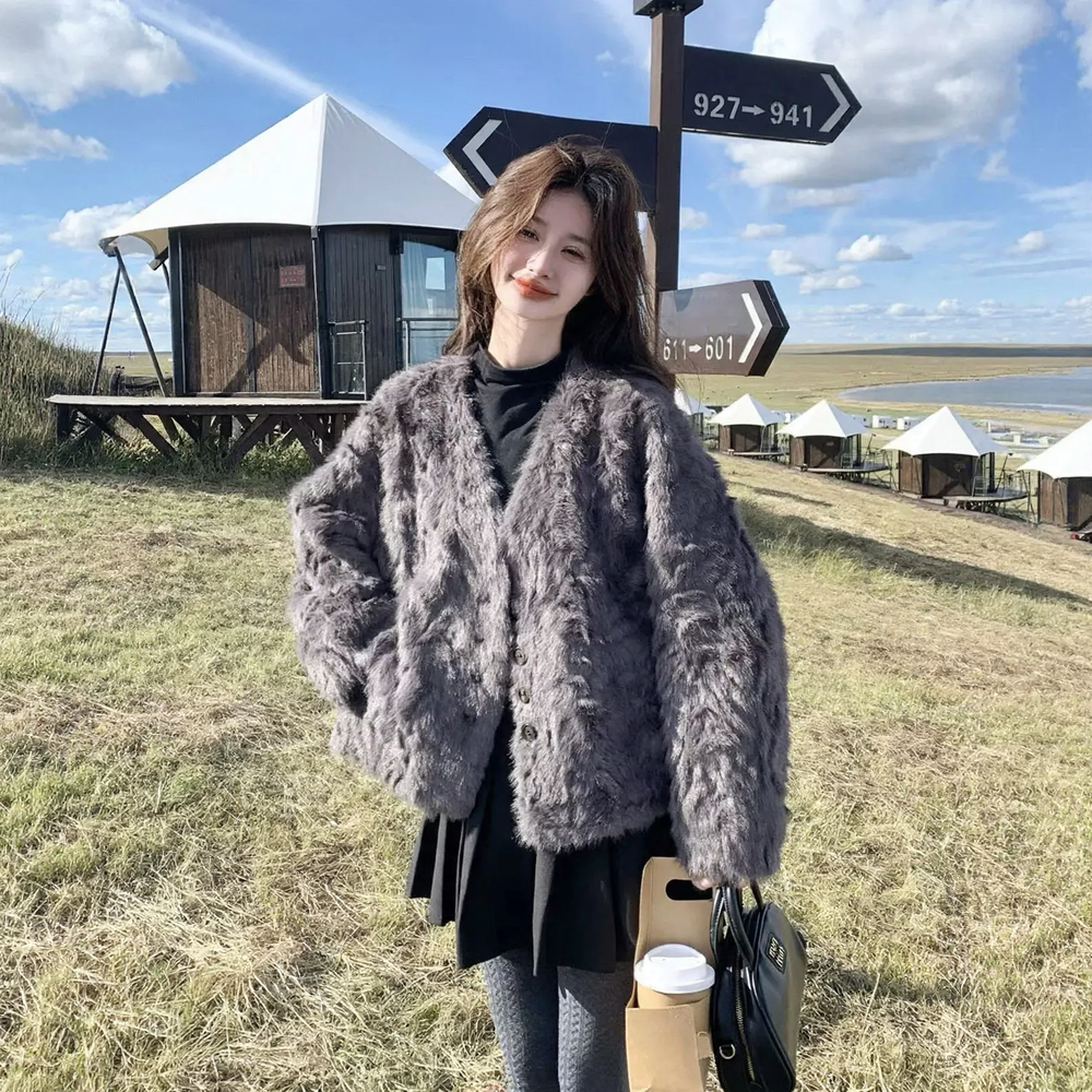 Ladies jacket made of lamb fleece imitation, lined
