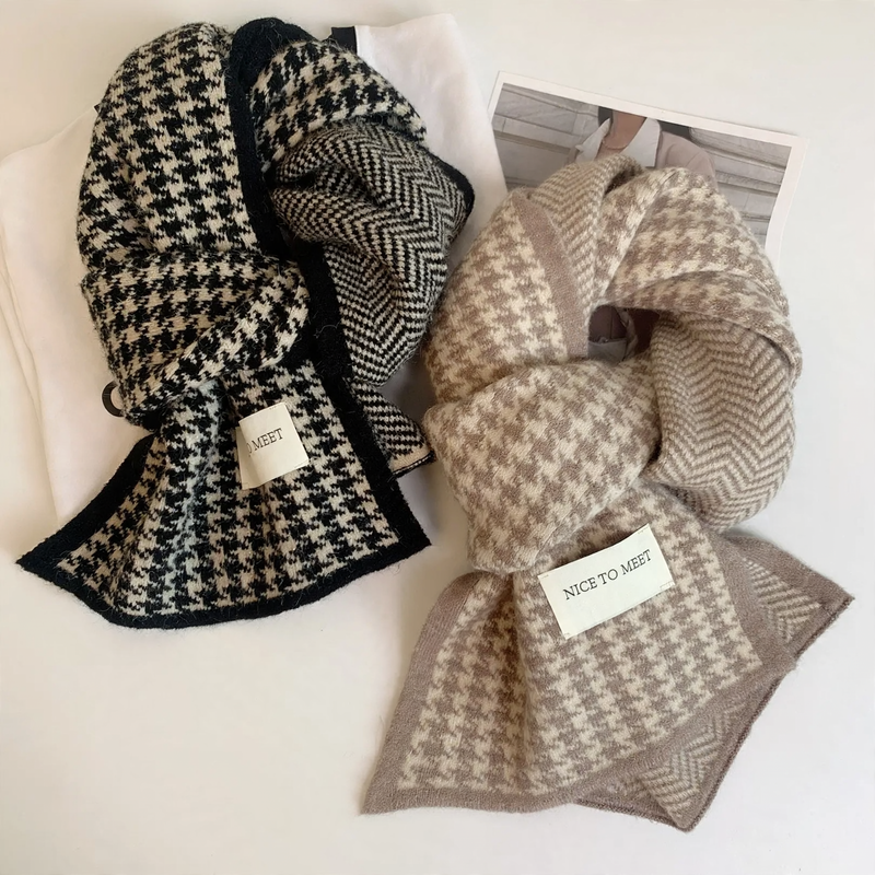 Checked knitted neck scarf, warming, for men and women