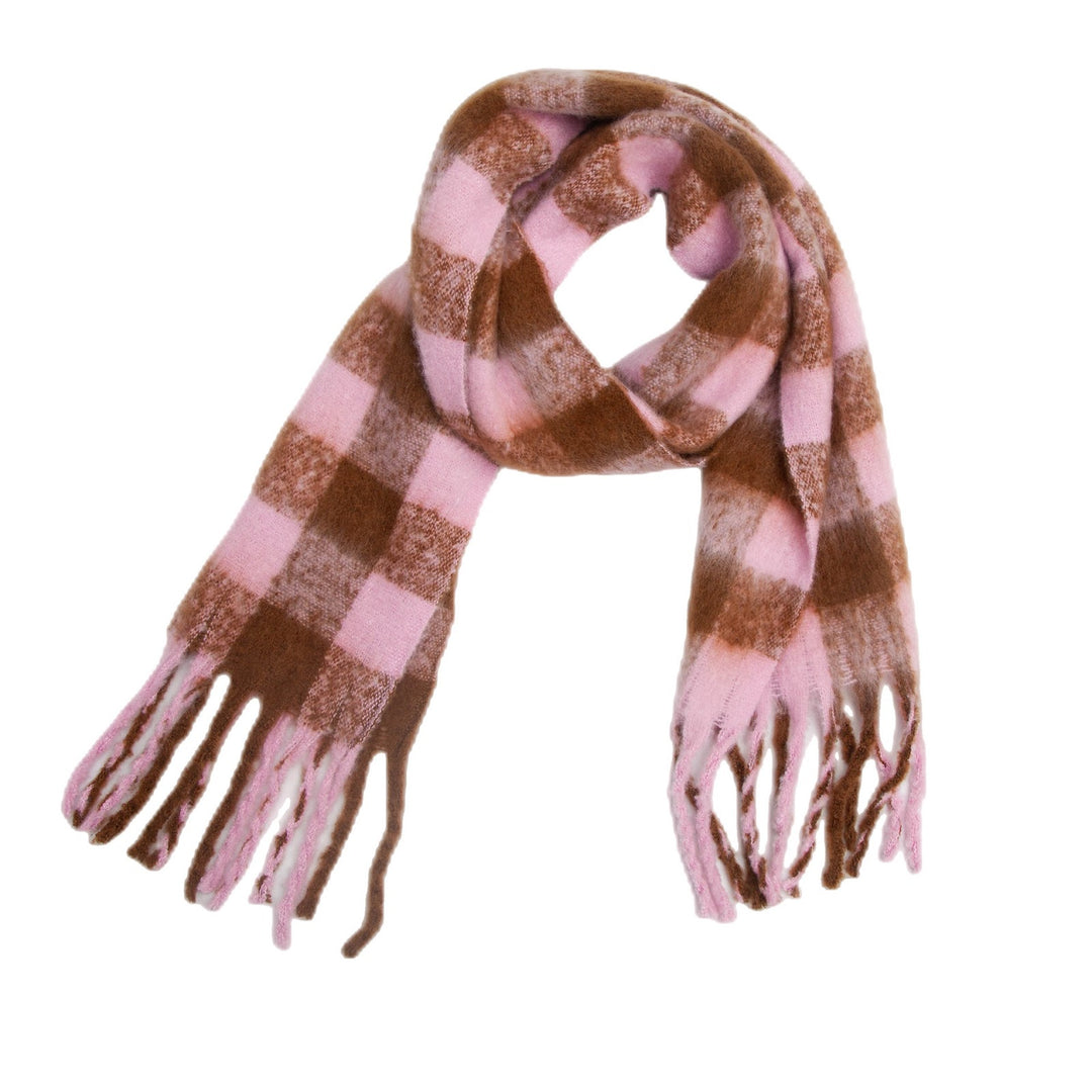 Thick scarf with fringes, checked