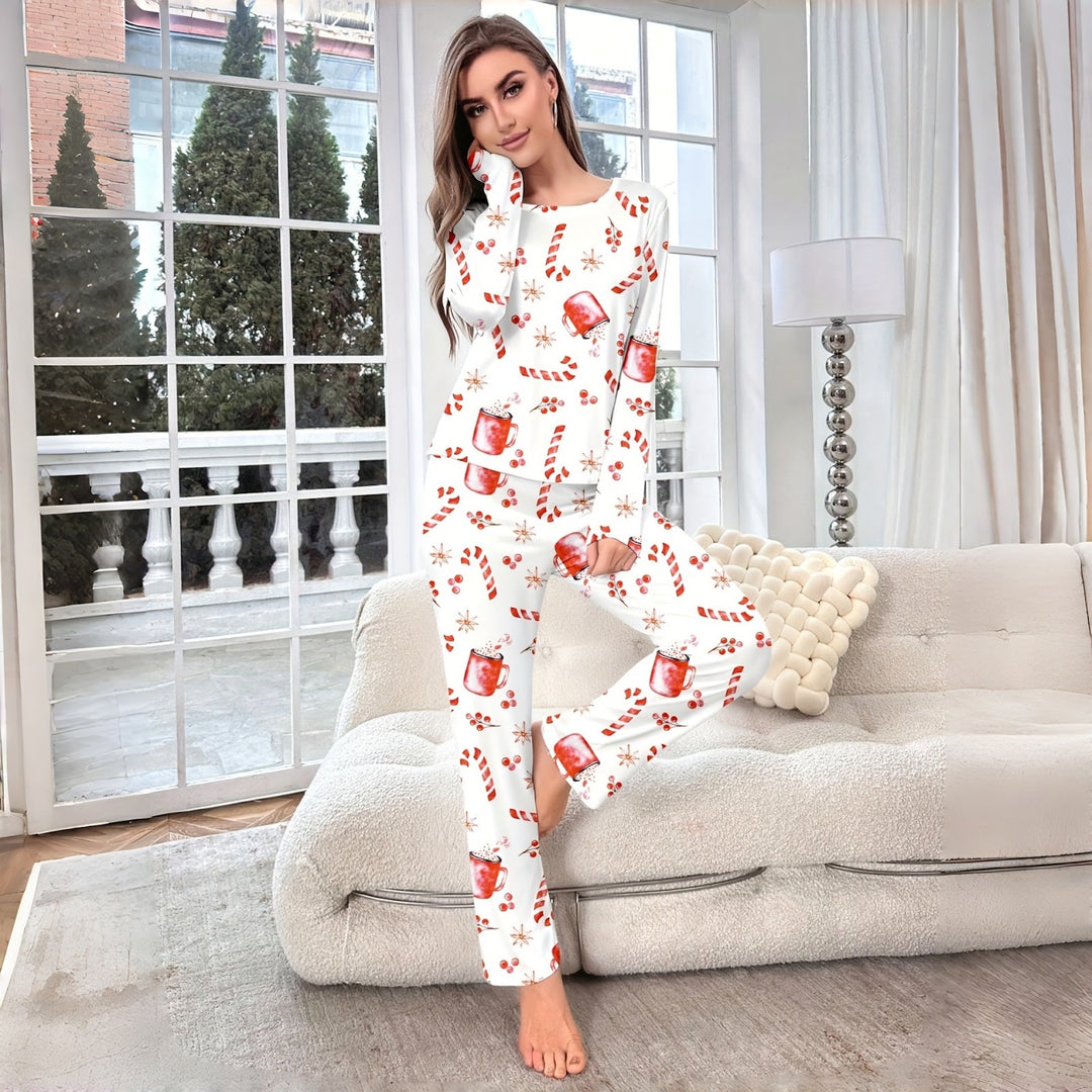 Women’s Pajama Set, Long Sleeve, Christmas Motif, Round Neck