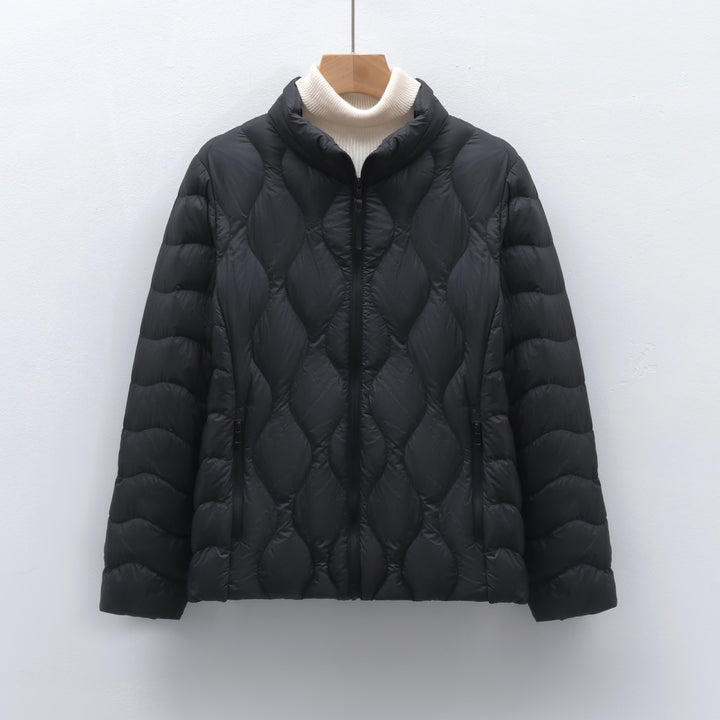 Light women's down jacket with stand-up collar and wave pattern