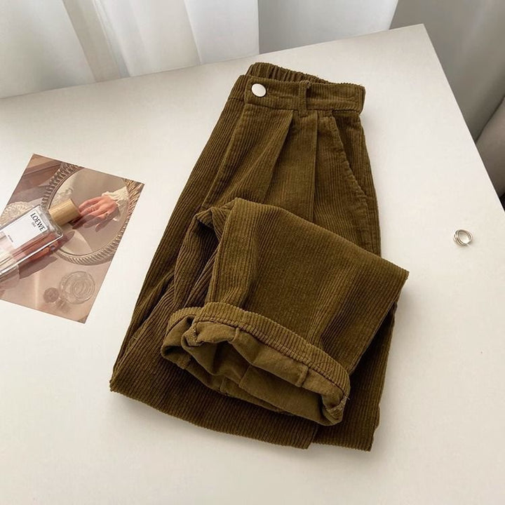 Women's corduroy pants, wide cut, high waisted, quilted