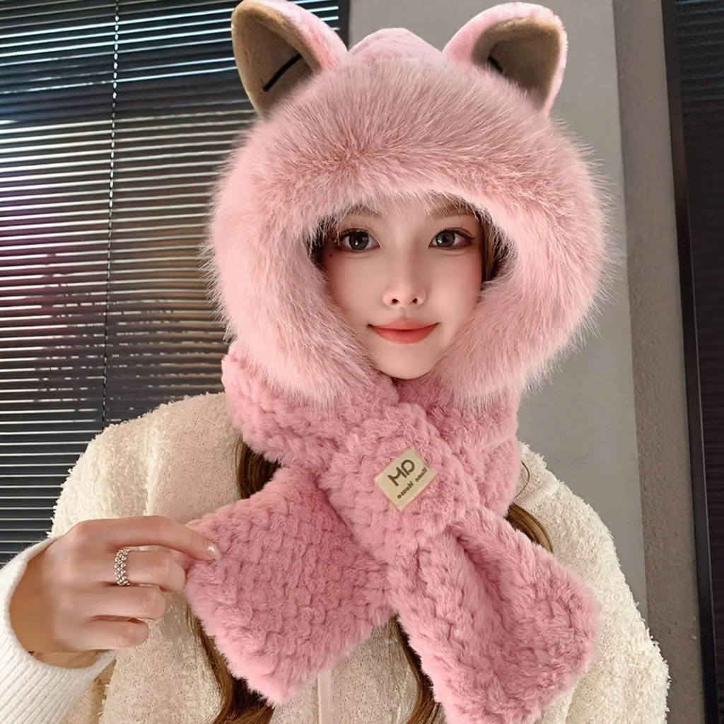 Combined hat with scarf, lined, with ear protection