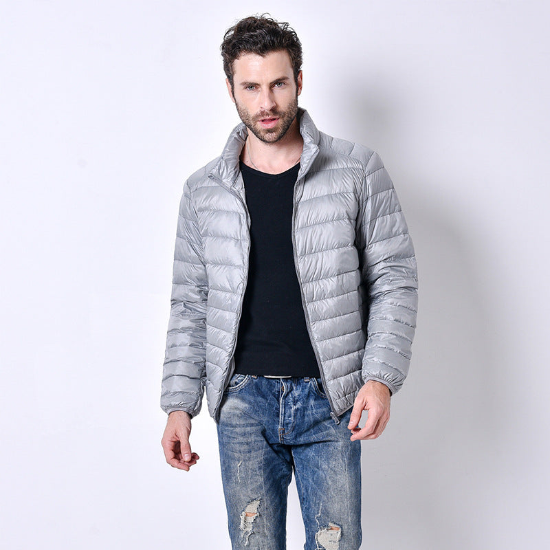 Light men's down jacket, stand-up collar, slim fit