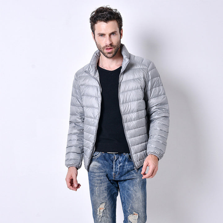 Light men’s down jacket, stand-up collar, slim fit