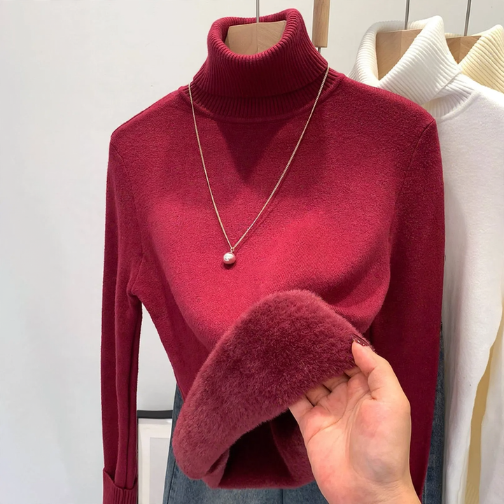 Padded women's turtleneck sweater, knitted, slim fit
