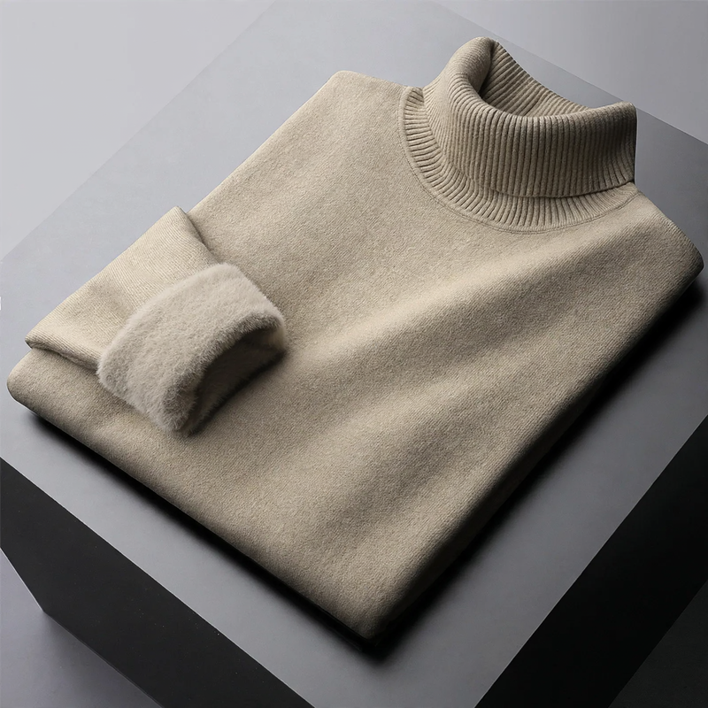 Padded men's knitted sweater with stand-up collar