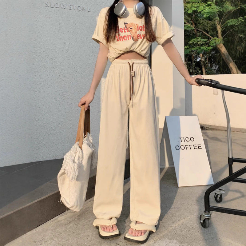 Cord Wide Pants with Drawstring and High Waist