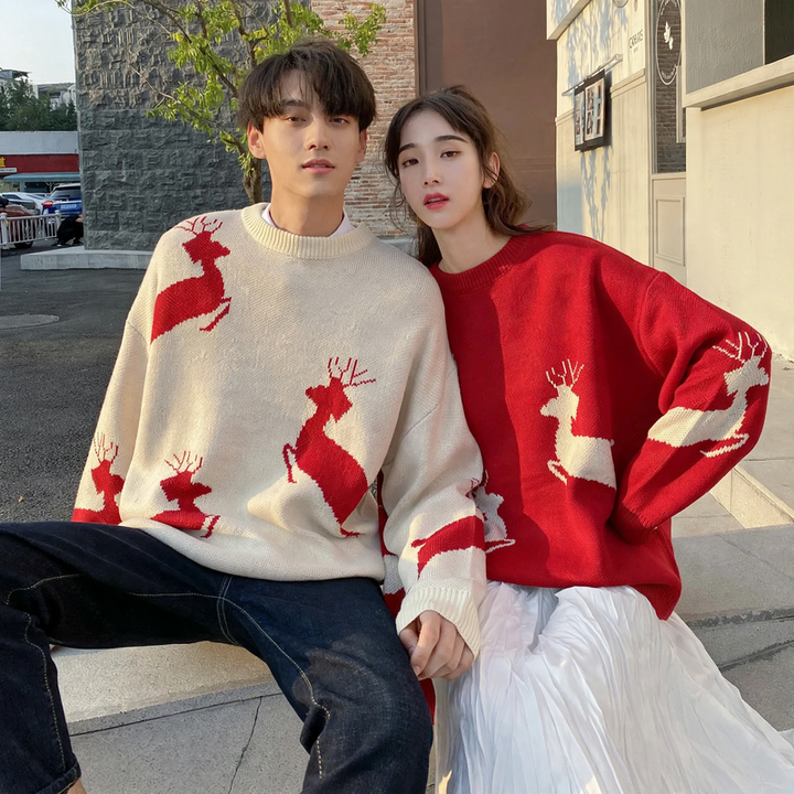 Christmas sweater with reindeer motif for couples